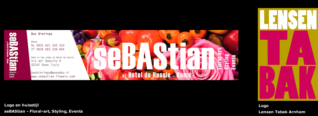 logo en huisstijl Sebastian floral-art, syling and events, shop in the lobby at Hotel de Russie Rome en Logo voor Lensen Tabak Arnhem